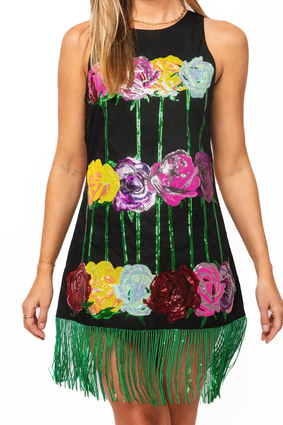 Black Multi Rose Fringe Tank Dress