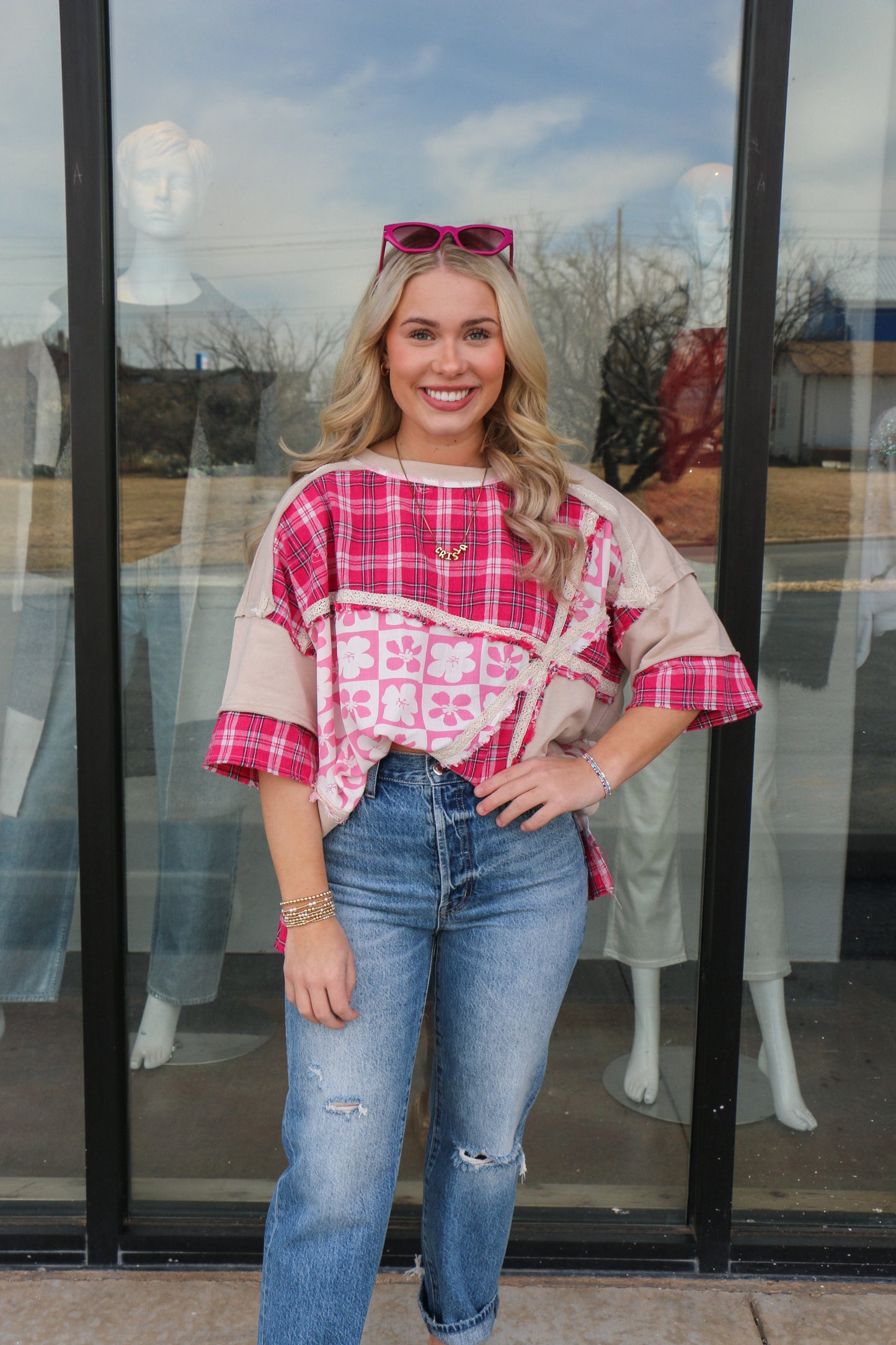 PINK WASHED PRINT MIX TOP