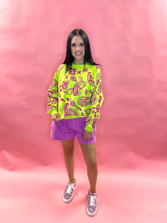 lime green and hot pink crewneck bandana print