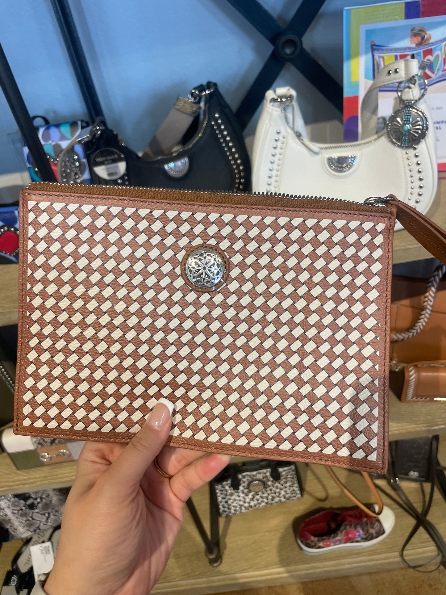 brown checkered pouch