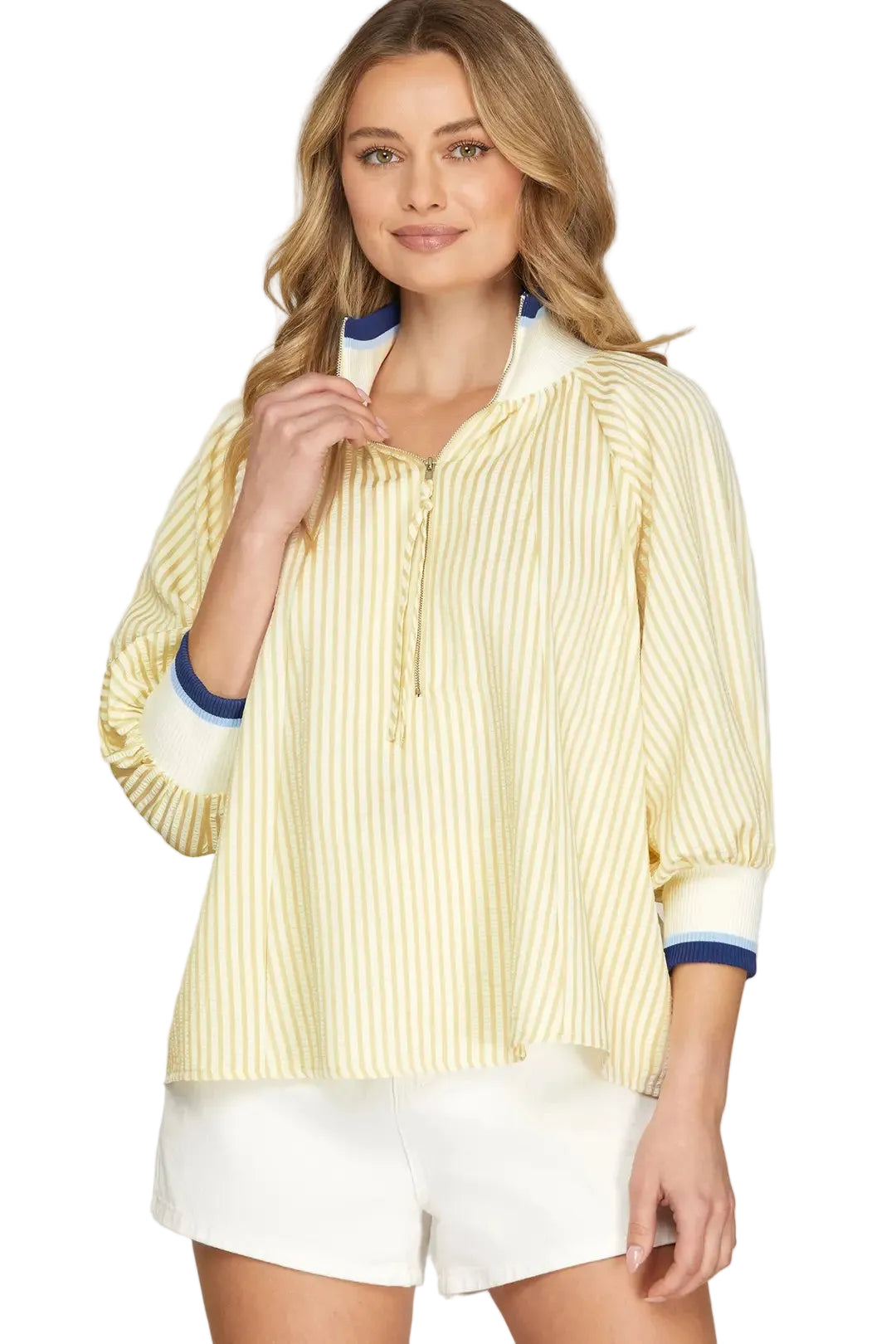 3/4 sleeve half zip stripe top