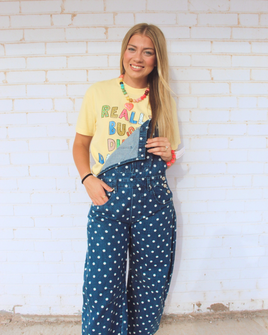Mineral Washed Polka Dot Denim Jumpsuit