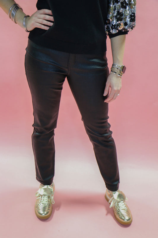 BLACK LEATHER SKINNY JEANS WITH SPARKLE