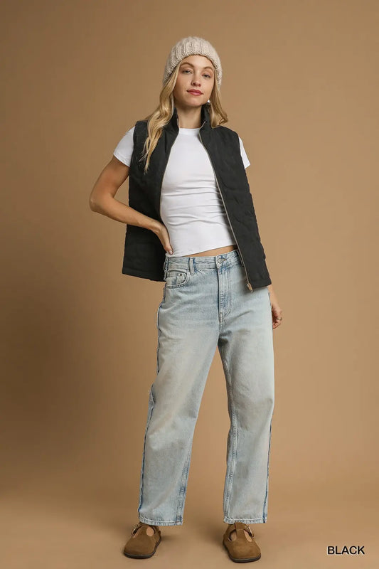 LINING QUILTED ZIPPER FRONT VEST W/SIDE SLITS AND POCKETS