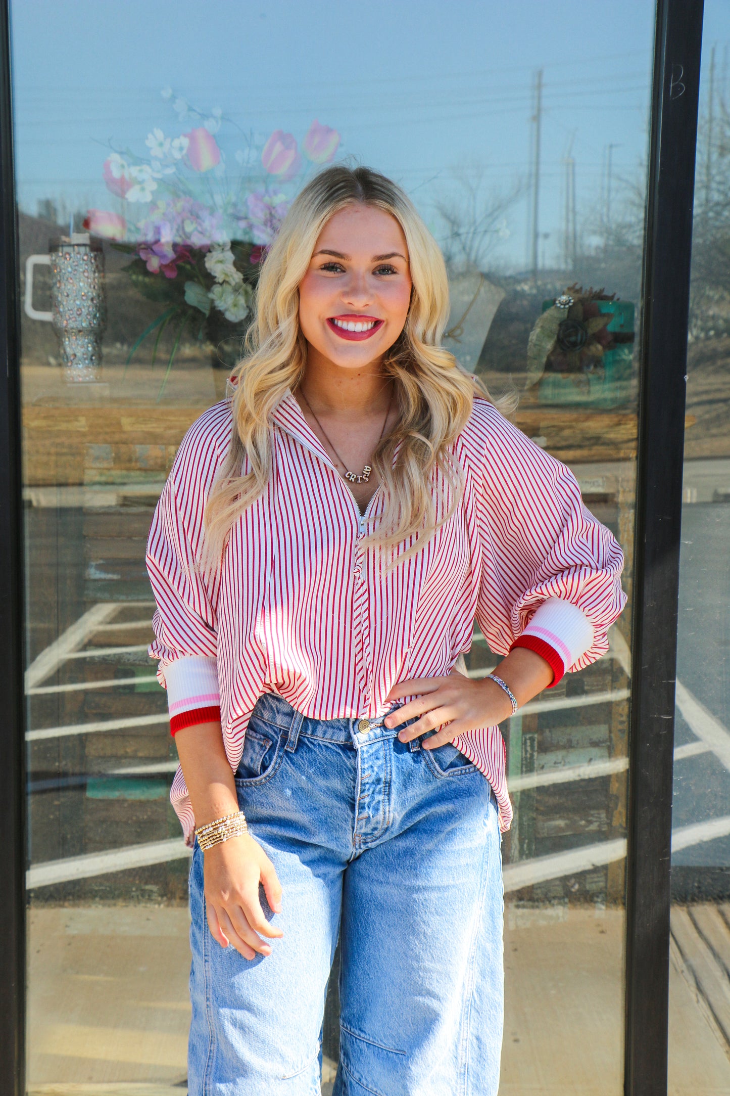 RED 3/4 SLEEVE HALF ZIP STRIPE TOP