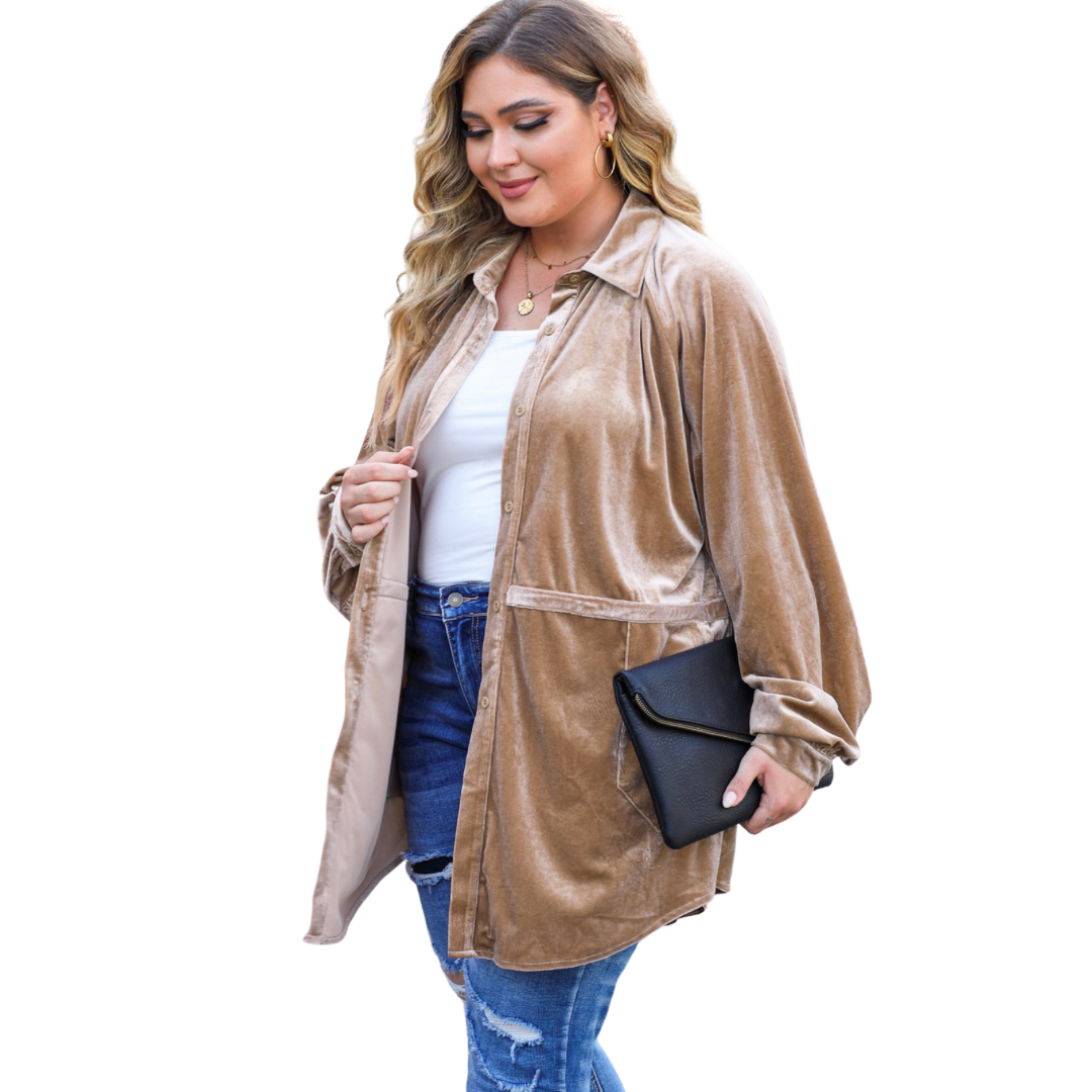 Solid Elegant Pocket Button Plus Size Velvet Shirt