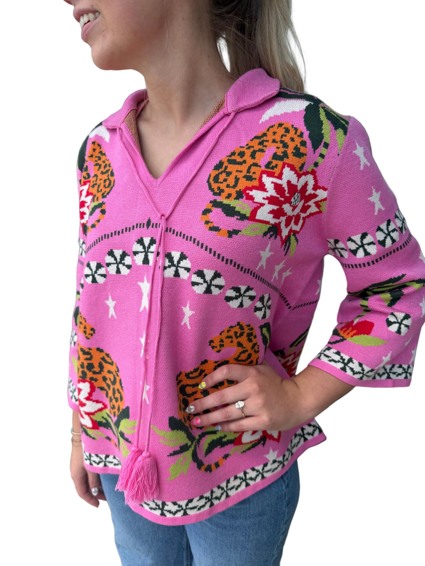 Front neck tie print sweater