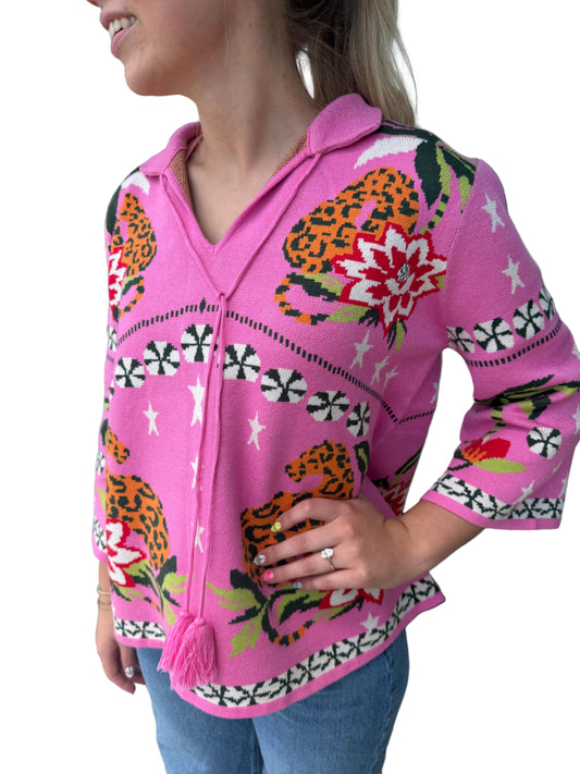 Front neck tie print sweater