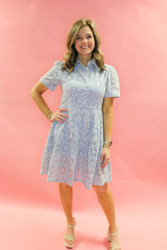 blues white flower embroidered dress