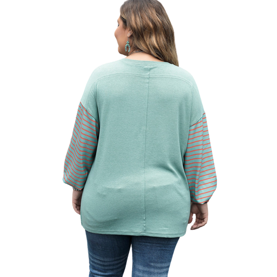 Striped Long Sleeve Colorblock Plus Size Tops