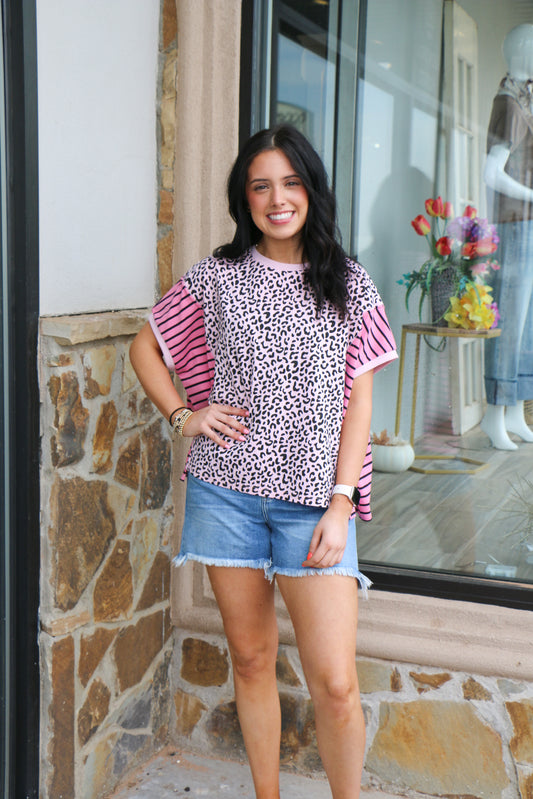 leopard and stripe mix match round neck top