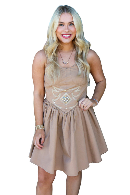 brown western flare mini dress