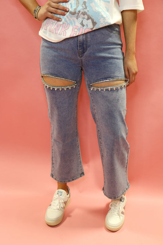 light washed denim rhinestone slit jeans