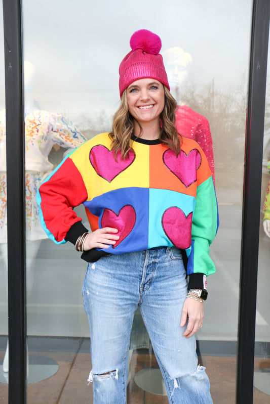 Rainbow Colorblock Rhinestone Heart Sweatshirt