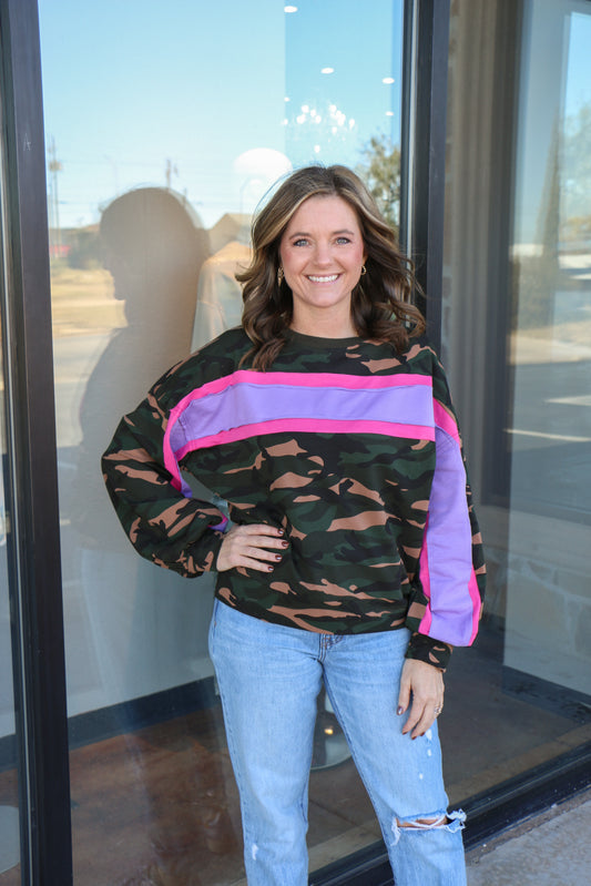 camo french terry color block top