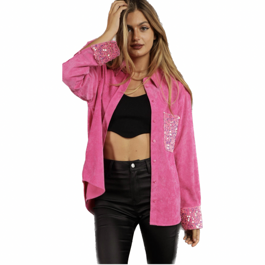 PINK VELVET BUTTON DOWN WITH SEQUIN CONTRAST