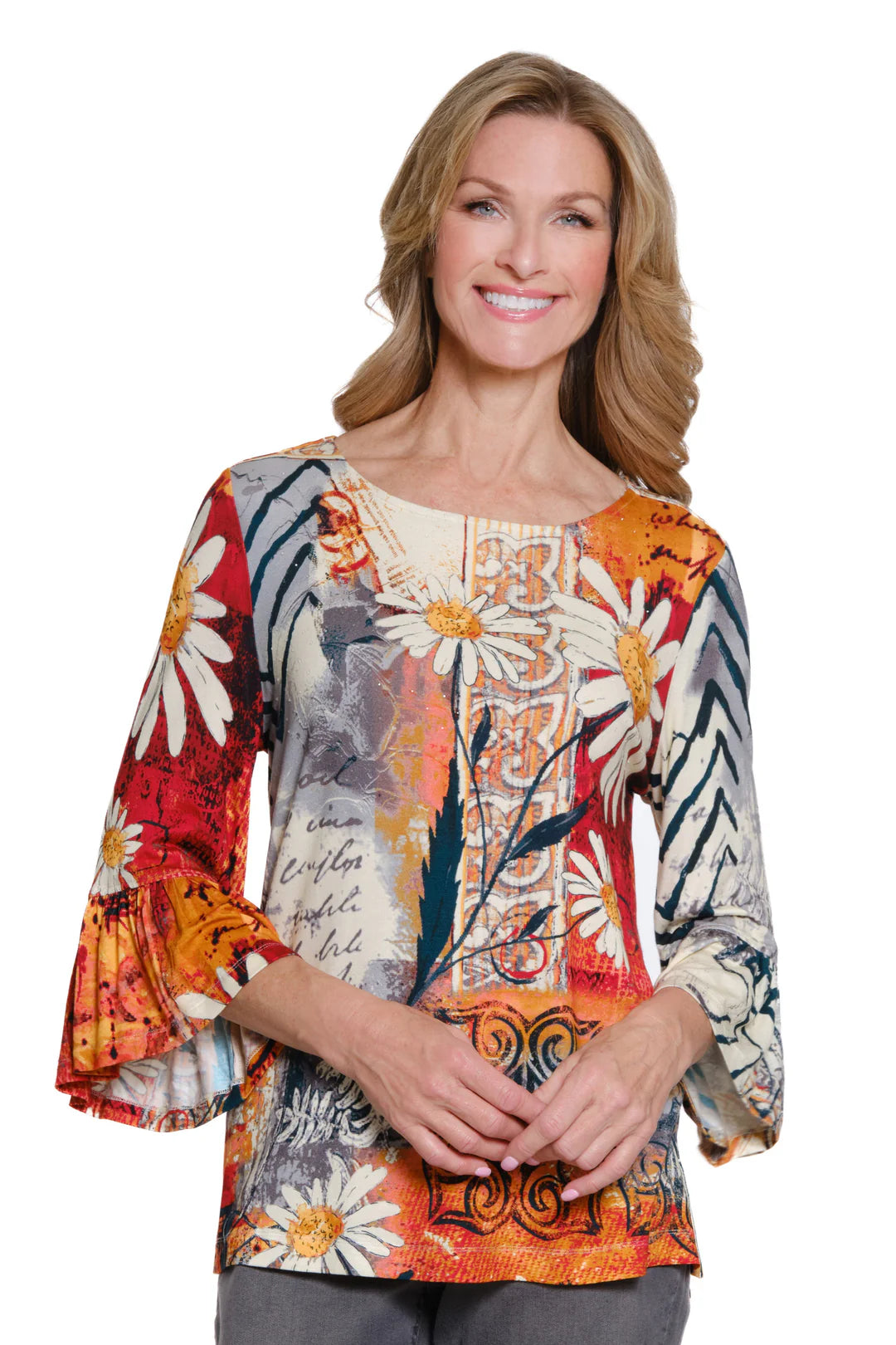 3/4 FLOUNCE SLV BATEAU NK EMBLEISHED