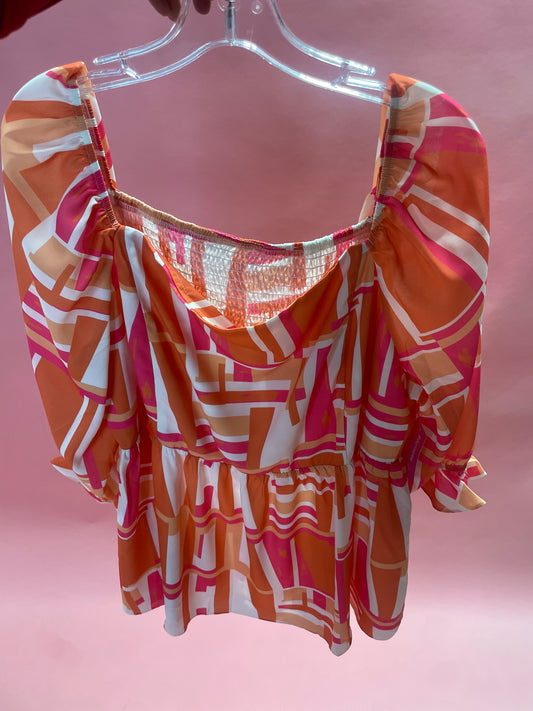 Orange Geometric Print Smocked Square Neck Plus Size Blouse