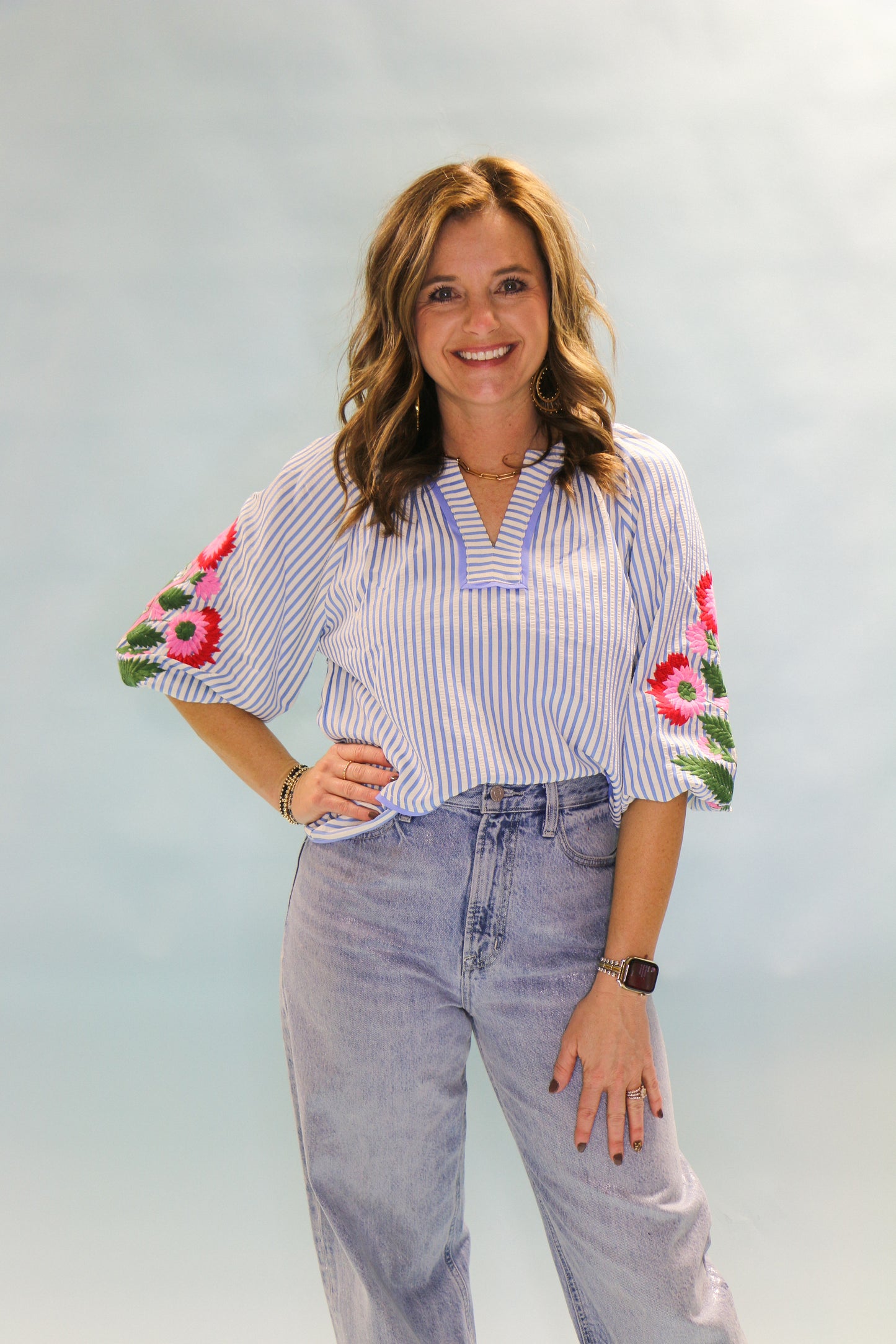 BLUE FLORAL SLEEVE DETAIL BLOUSE