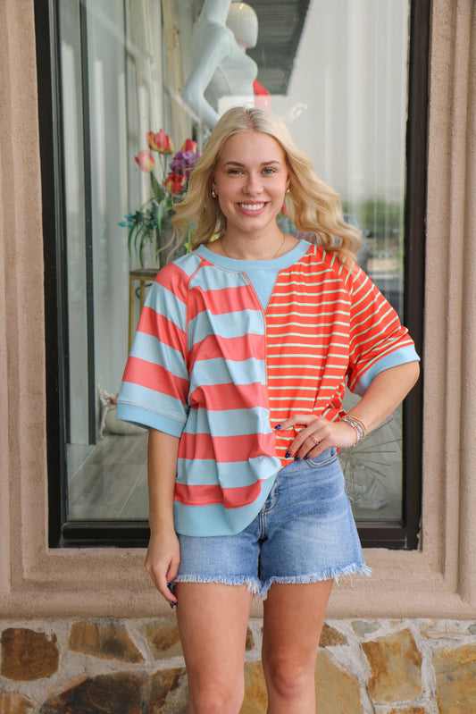 Stripe French terry mixed top with contrast stitch