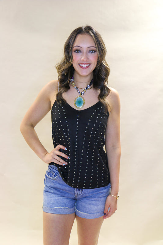 V neck sleeveless suede knit camisole top w/ rhinestone