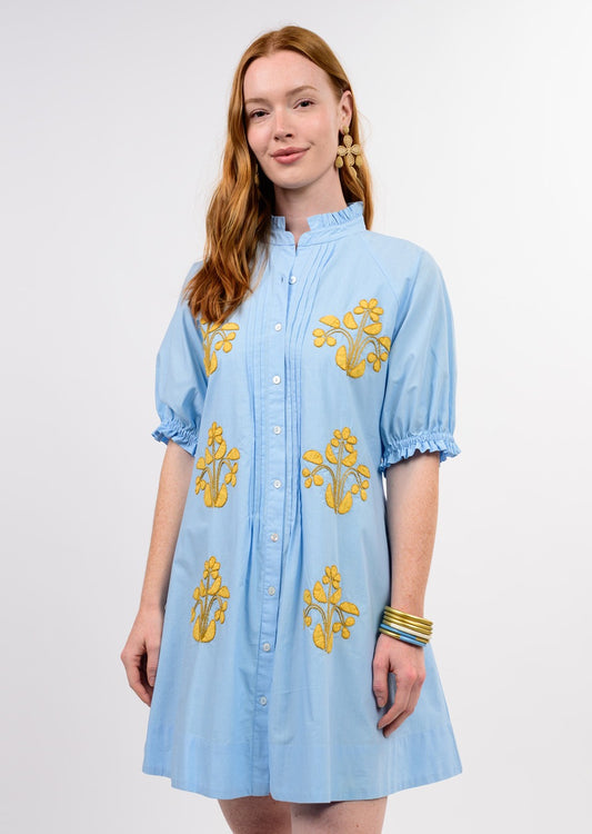Blue blocked emroidery dress