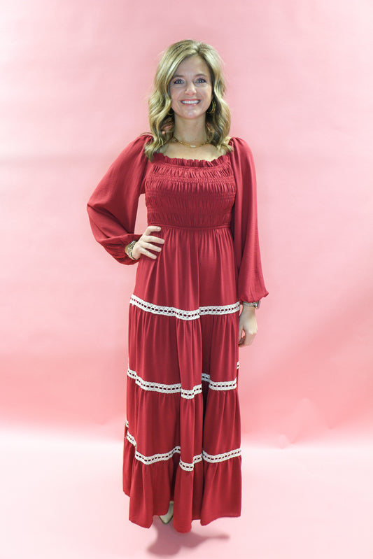 LONG SLEEVE SMOCKED LACE DETAIL TIERED DRESS