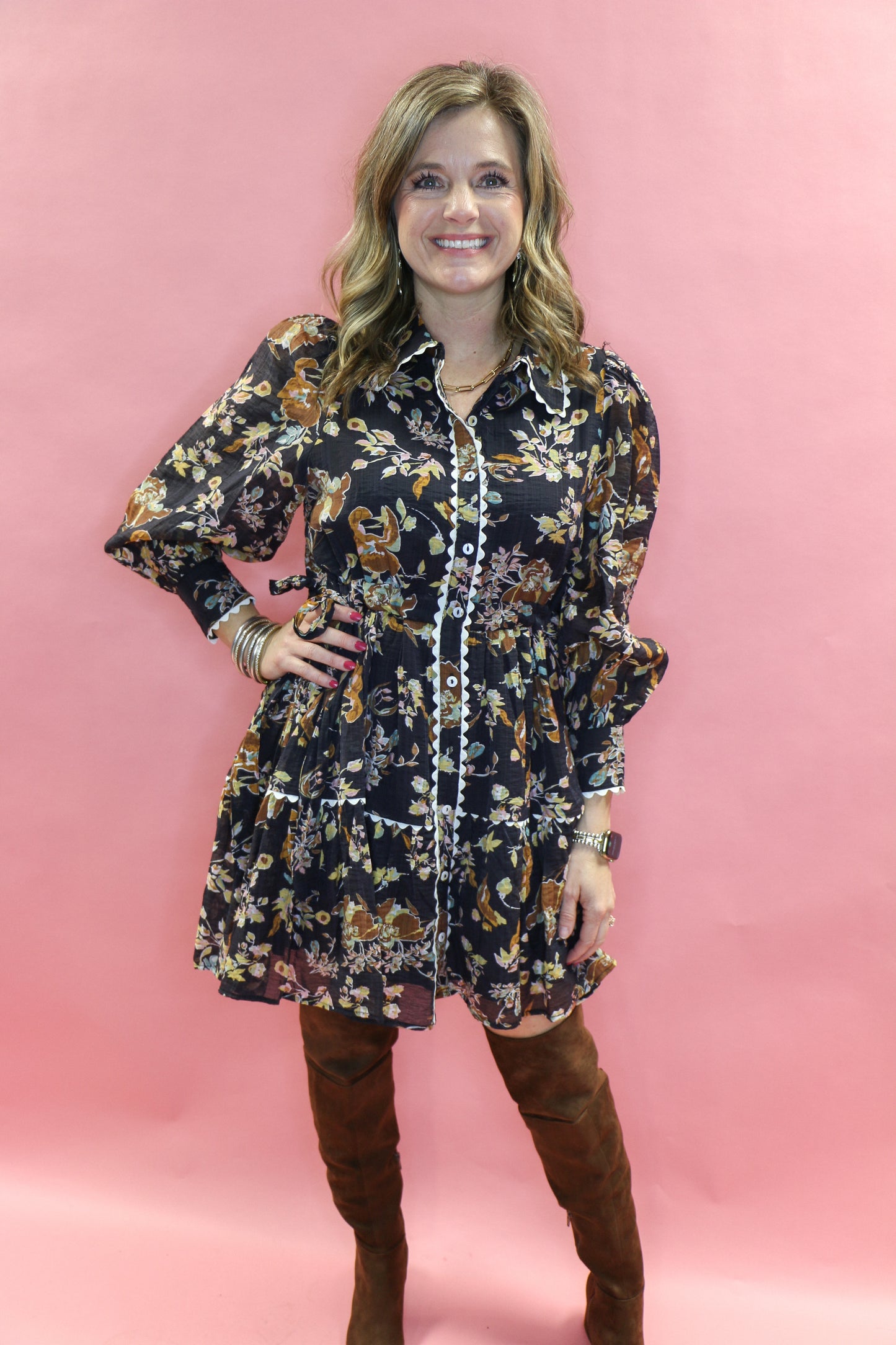 Black Floral Button Up Dress