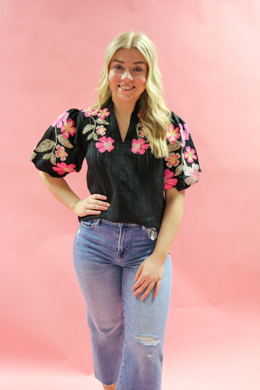 EMBROIDERED PUFF SLEEVE BLACK TOP
