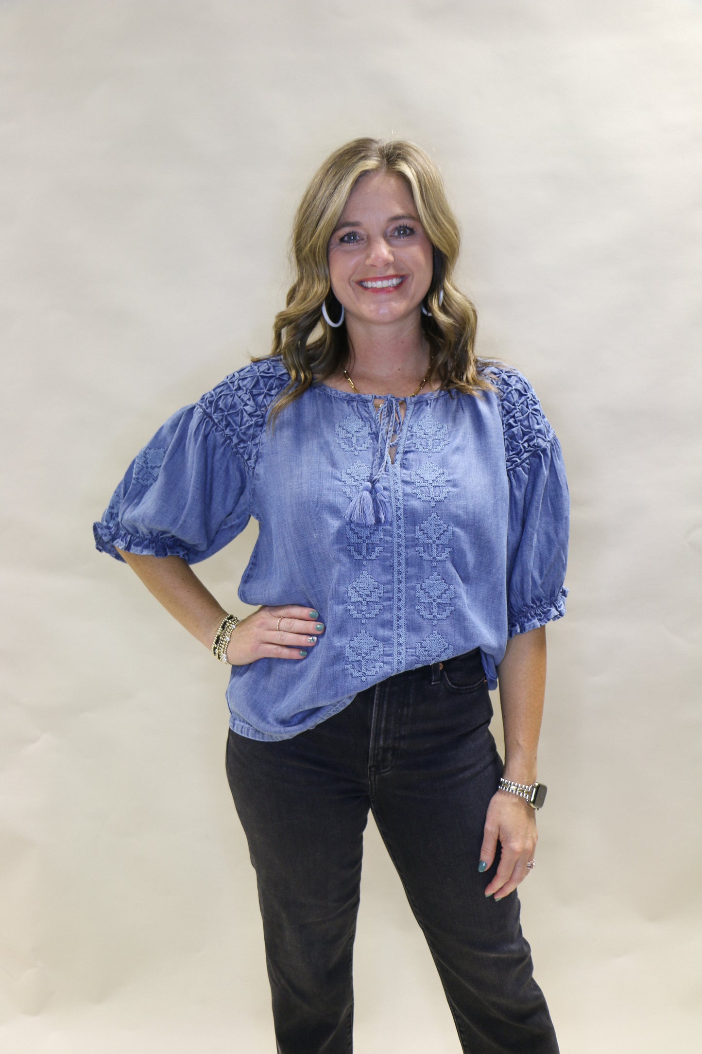 Smocked sleeve top