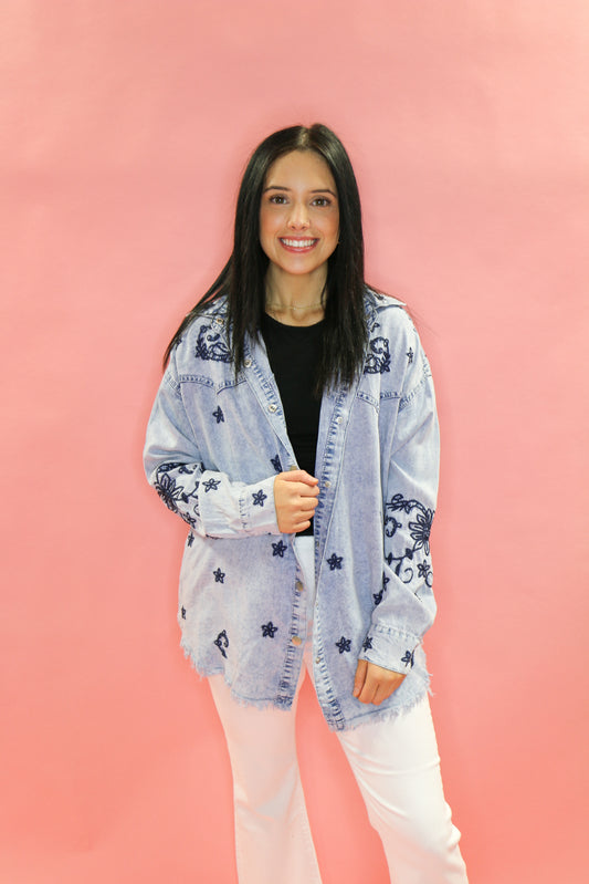 flower embroidery denim button up