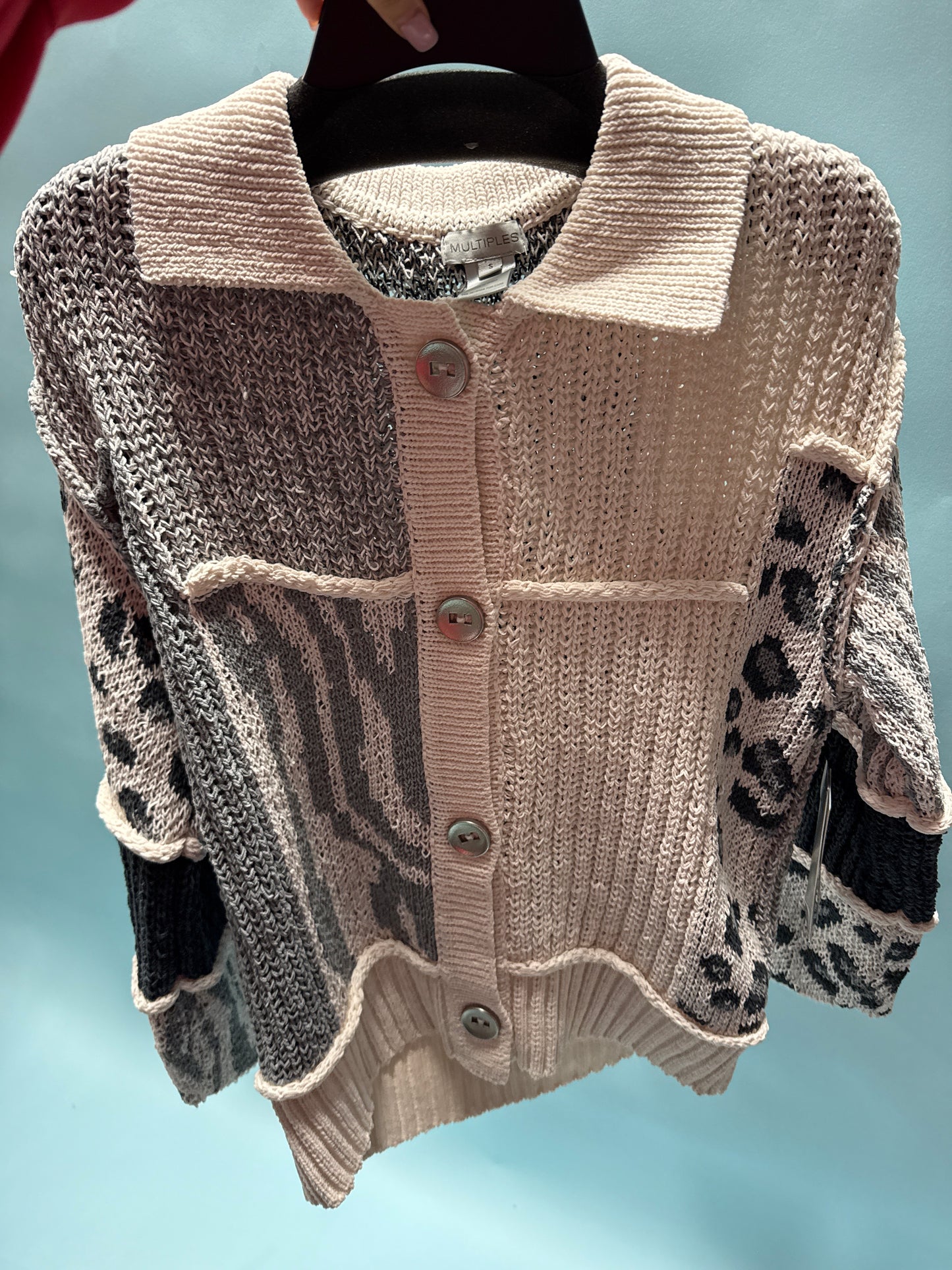 SNOW LEOPARD DROP SHOULDER FRONT BUTTON PATCH CARDIGAN
