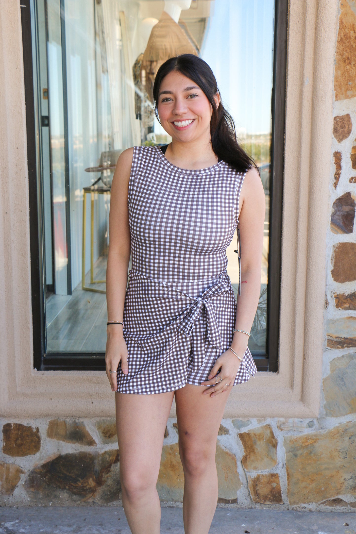 gingham print sleeveless wrap tie dress