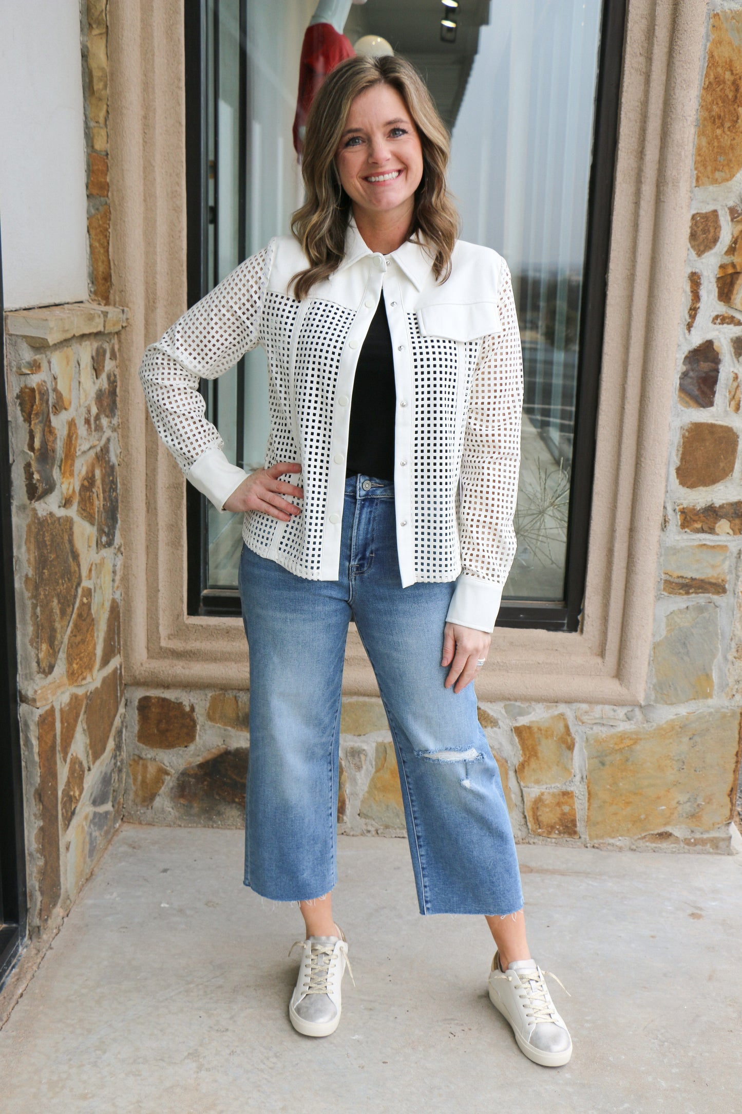 white leather leaser cut blouse