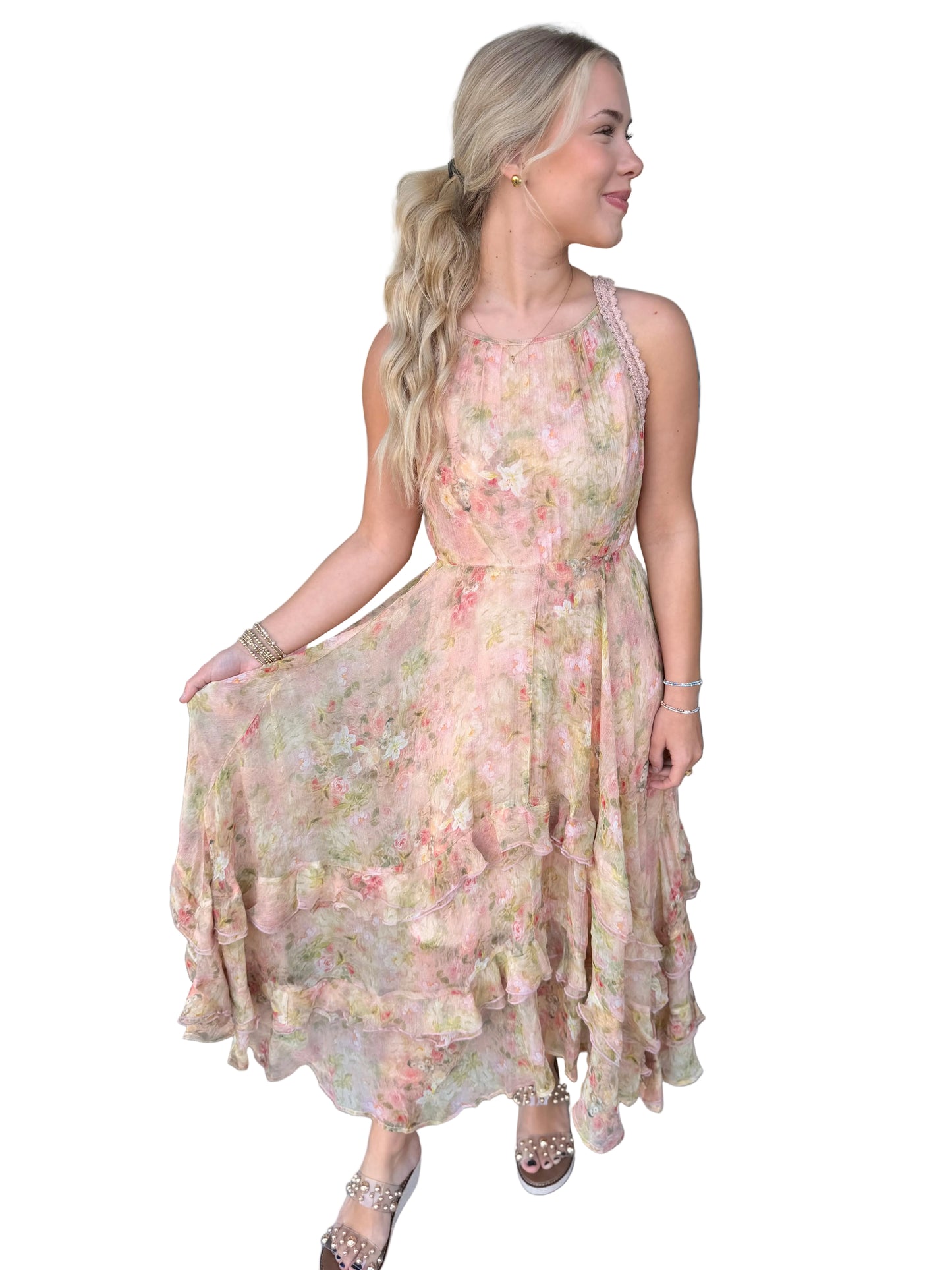 garden floral ruffle midi dress