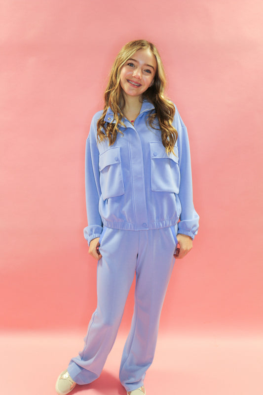 blue cardigan bomber modal