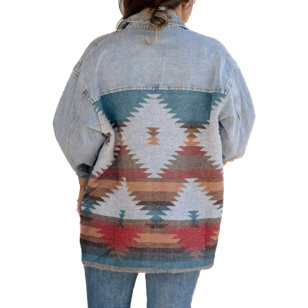 Sky Blue Plus Size Denim Aztec Jacket