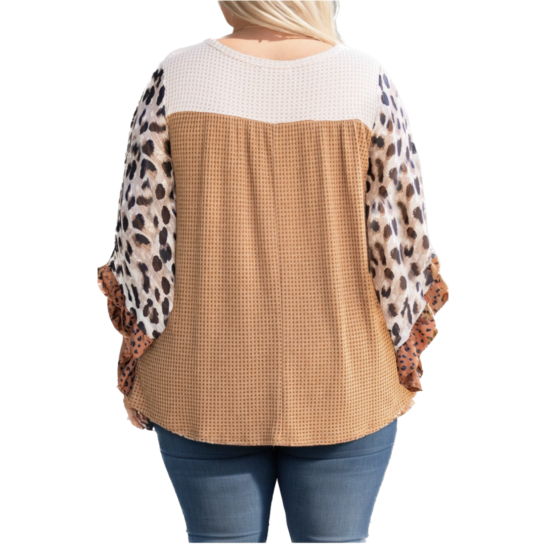 Plus Size Ruffle Leopard Sleeve Waffled Color Block Top