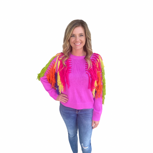 PINK AND RAINBOW FRINGE SWEATER