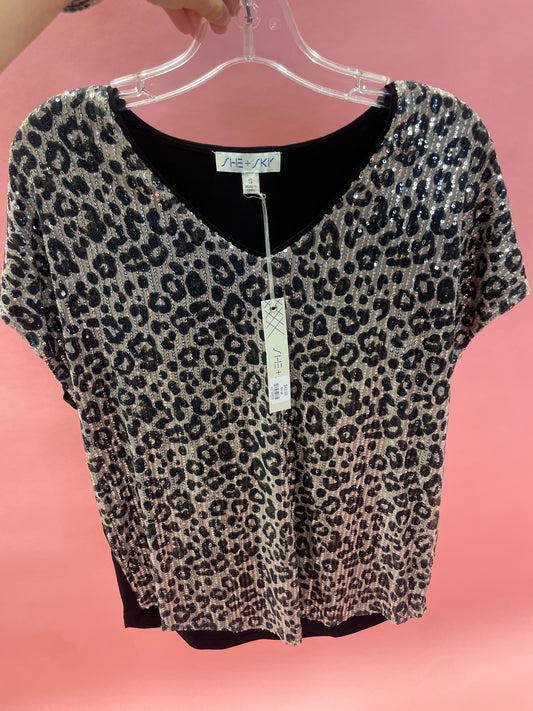 DROP SHOULDER LEOPARD SEQUIN WITH CONTRAST KNIT BACK
