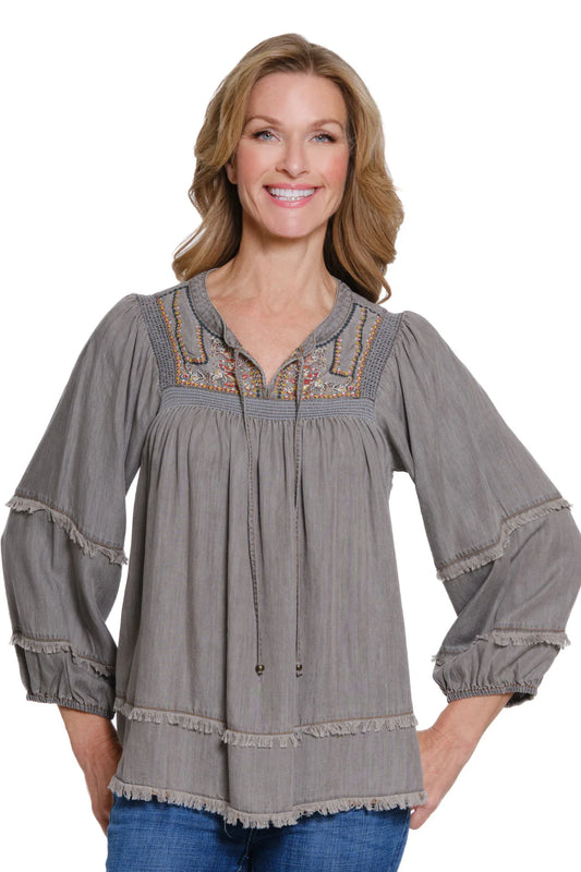 3/4 RAGLAN SLV TIE NK BAND COLLAR SHIRRED TOP W/ EMBR