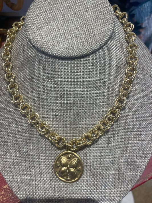17" gold plated chain necklace with antique gold butterfly pendant