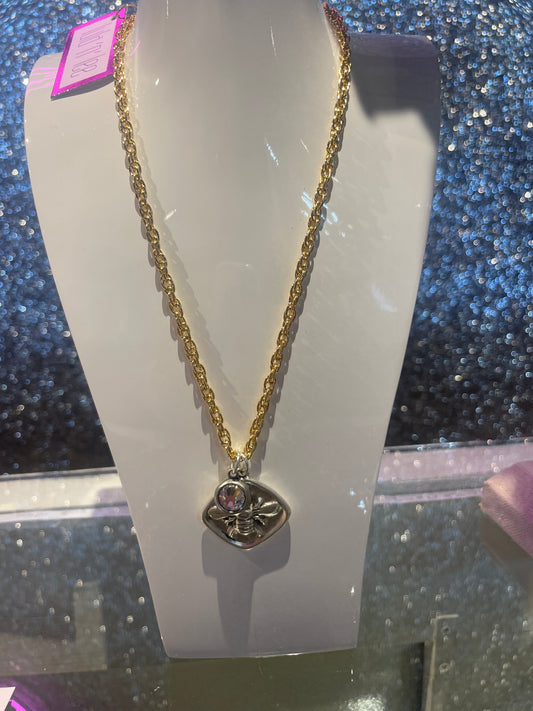 17" gold plated chain necklace with antique silver and pave pendent