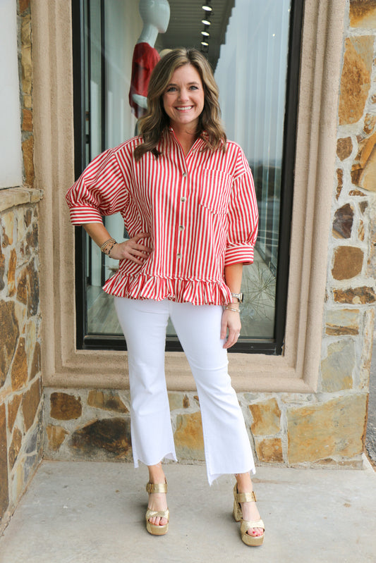 Red Stripped Ruffled Hem Jacket