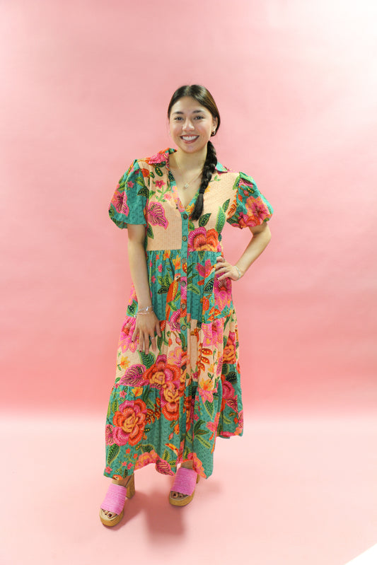 mixed print long tiered dress