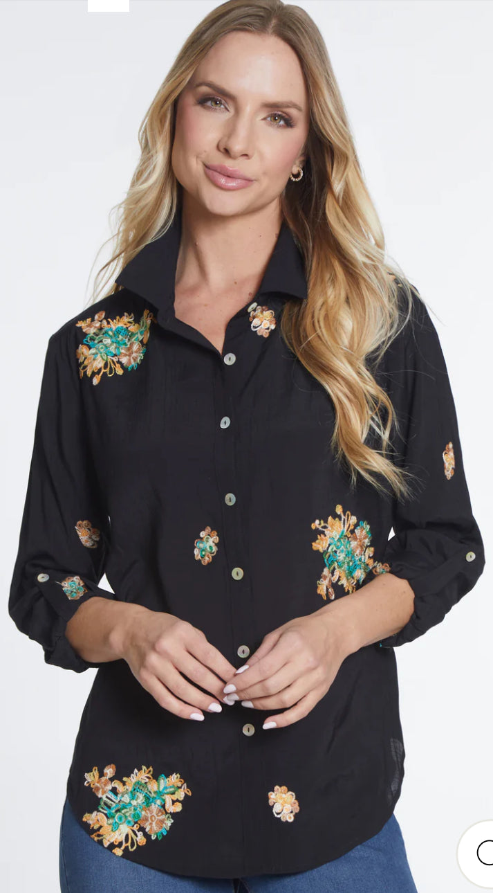 Black embordered blue floral button up