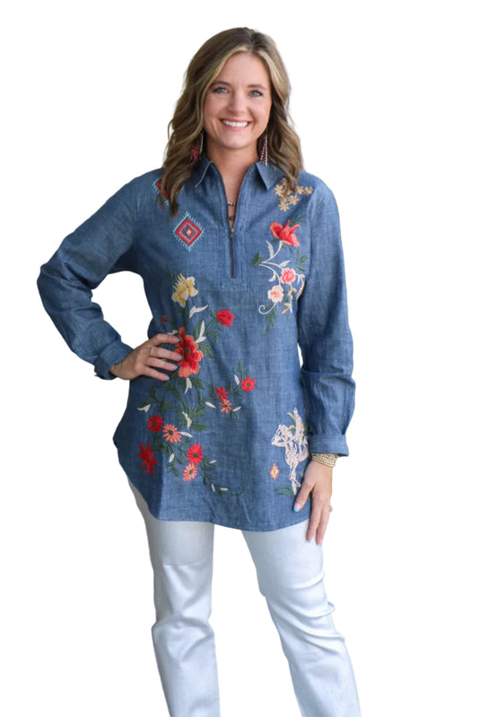 Denim blue zip up shirt
