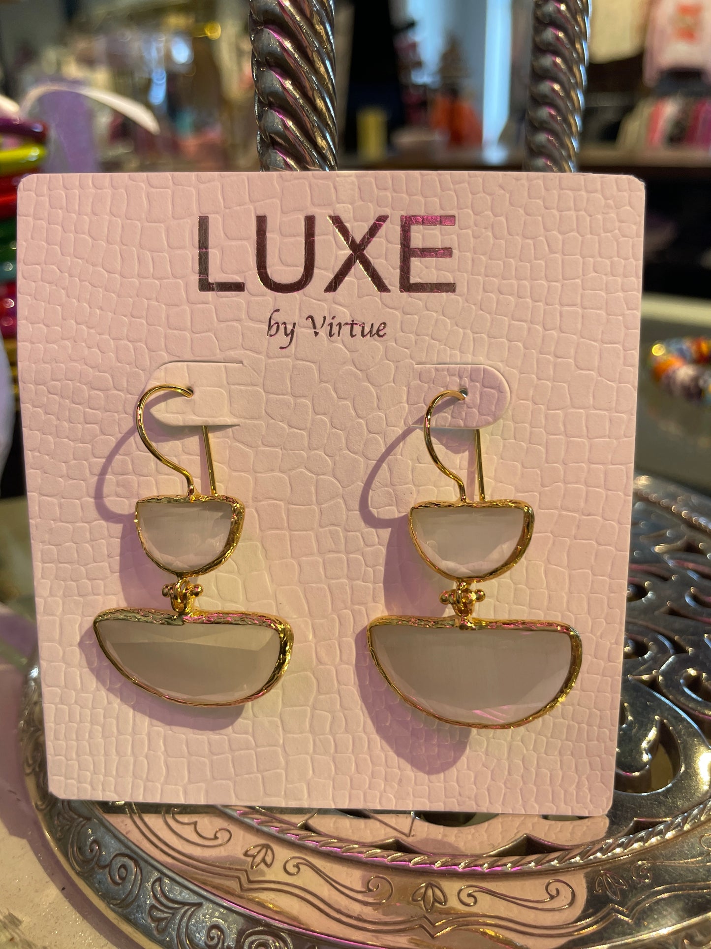 Regina Double Bezel Drop Stone Earring