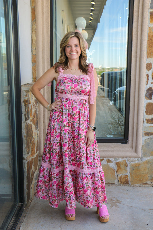 Floral Maxi Dress W/ Ribbon Tie Lace Strap