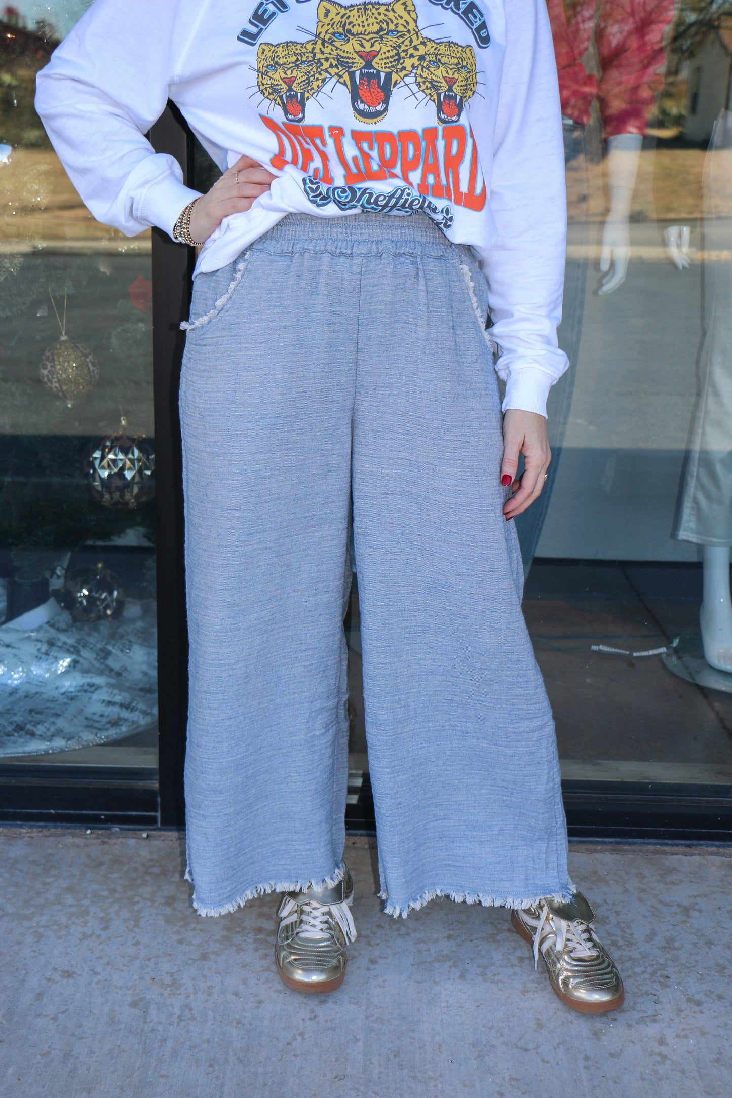 light blue wide leg pants